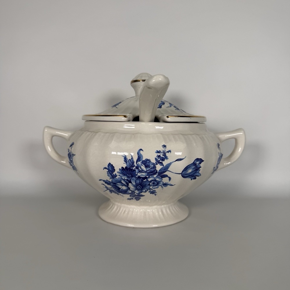Vintage White Porcelain Blue Floral Onion Soup Tureen with Lid & Ladle Japan